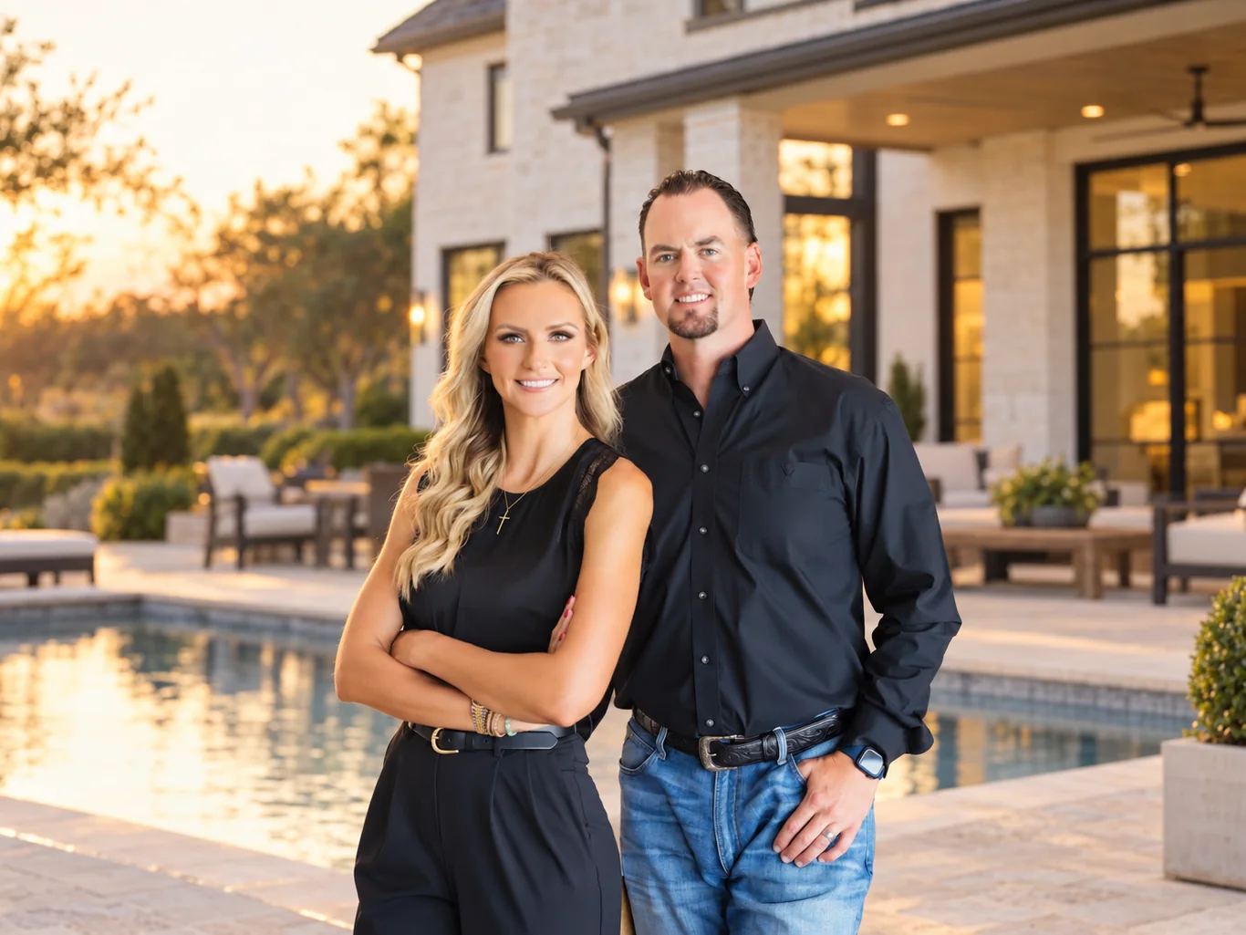 Kristen and Greg Holle beside a pool at golden hour