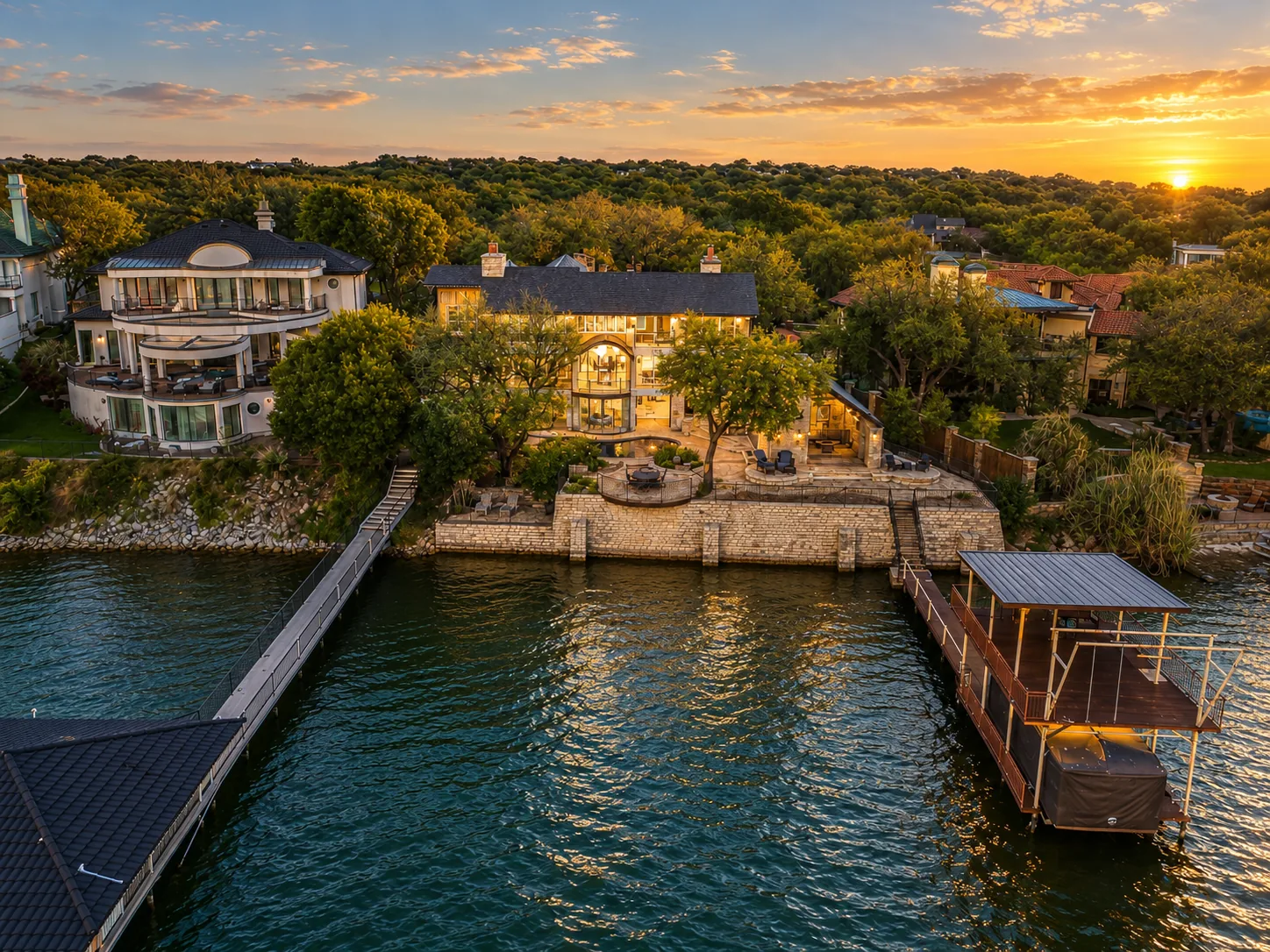 Lakefront estate on Eagle Mountain Lake with a long private dock and covered boat lift at sunset
