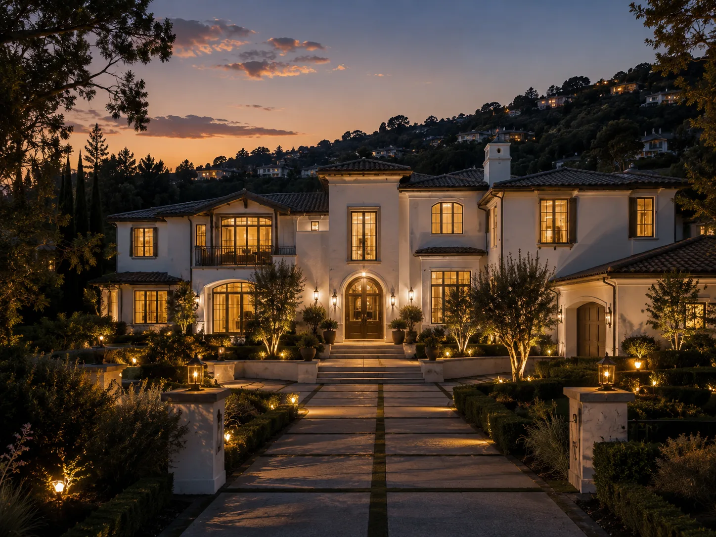 Traditional luxury estate at dusk